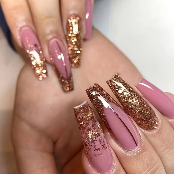 24pcs Pink Long Coffin Fake Nails With Golden Glitter Design - Picture 1 of 8